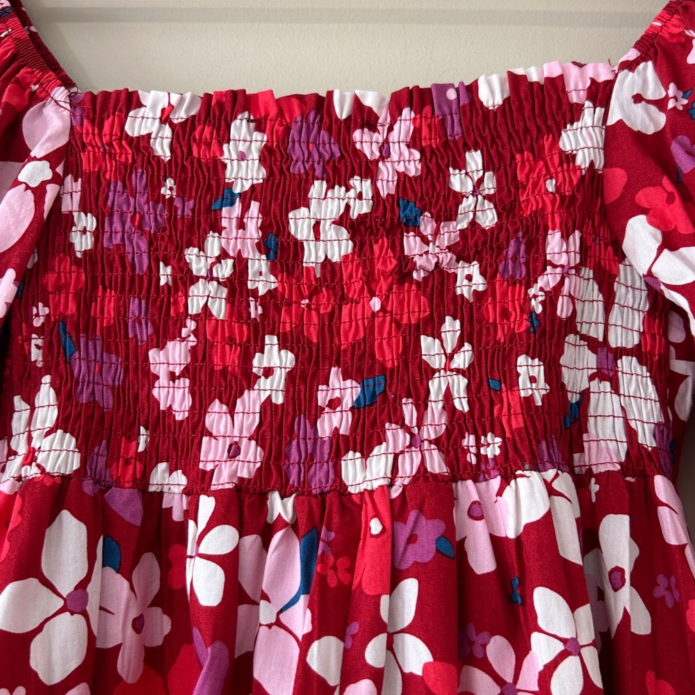 Fore Boho Red Floral Babydoll Dress Large Sweetheart Puff Sleeve 100% Cotton - Picture 6 of 9
